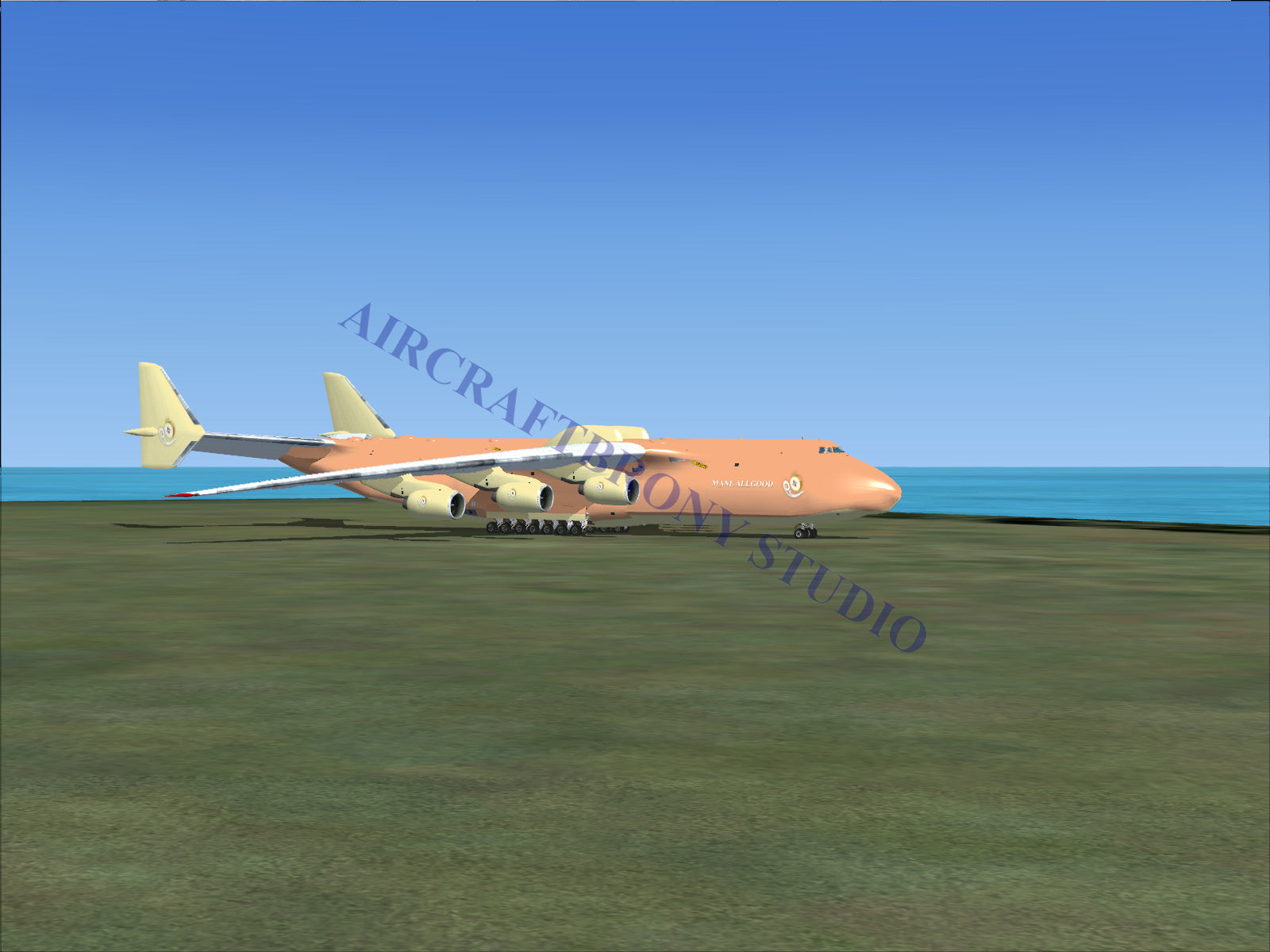 A peach-colored cargo plane with six engines and twin tail fins.