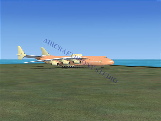 A peach-colored cargo plane with six engines and twin tail fins.