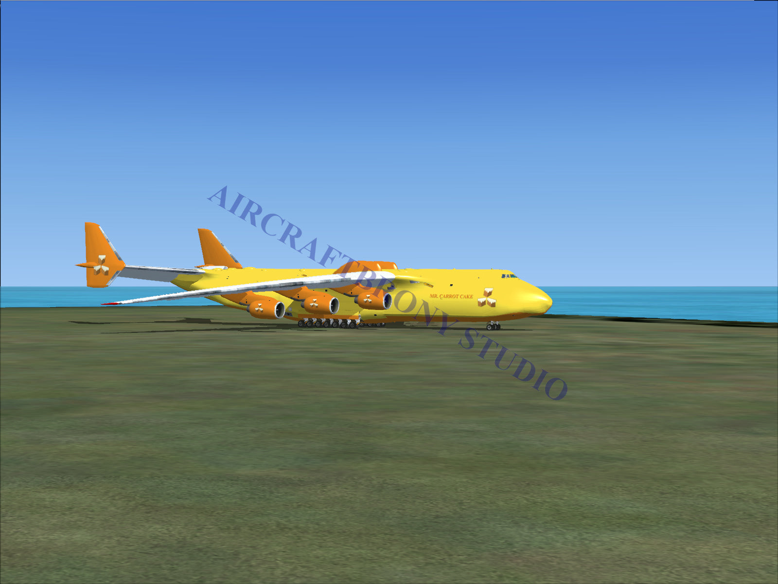 Yellow cargo plane with orange accents and large wings, designed for heavy-lift transportation.