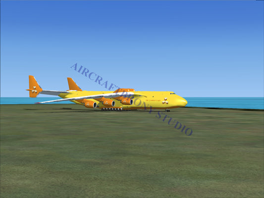 Yellow cargo plane with orange accents and large wings, designed for heavy-lift transportation.