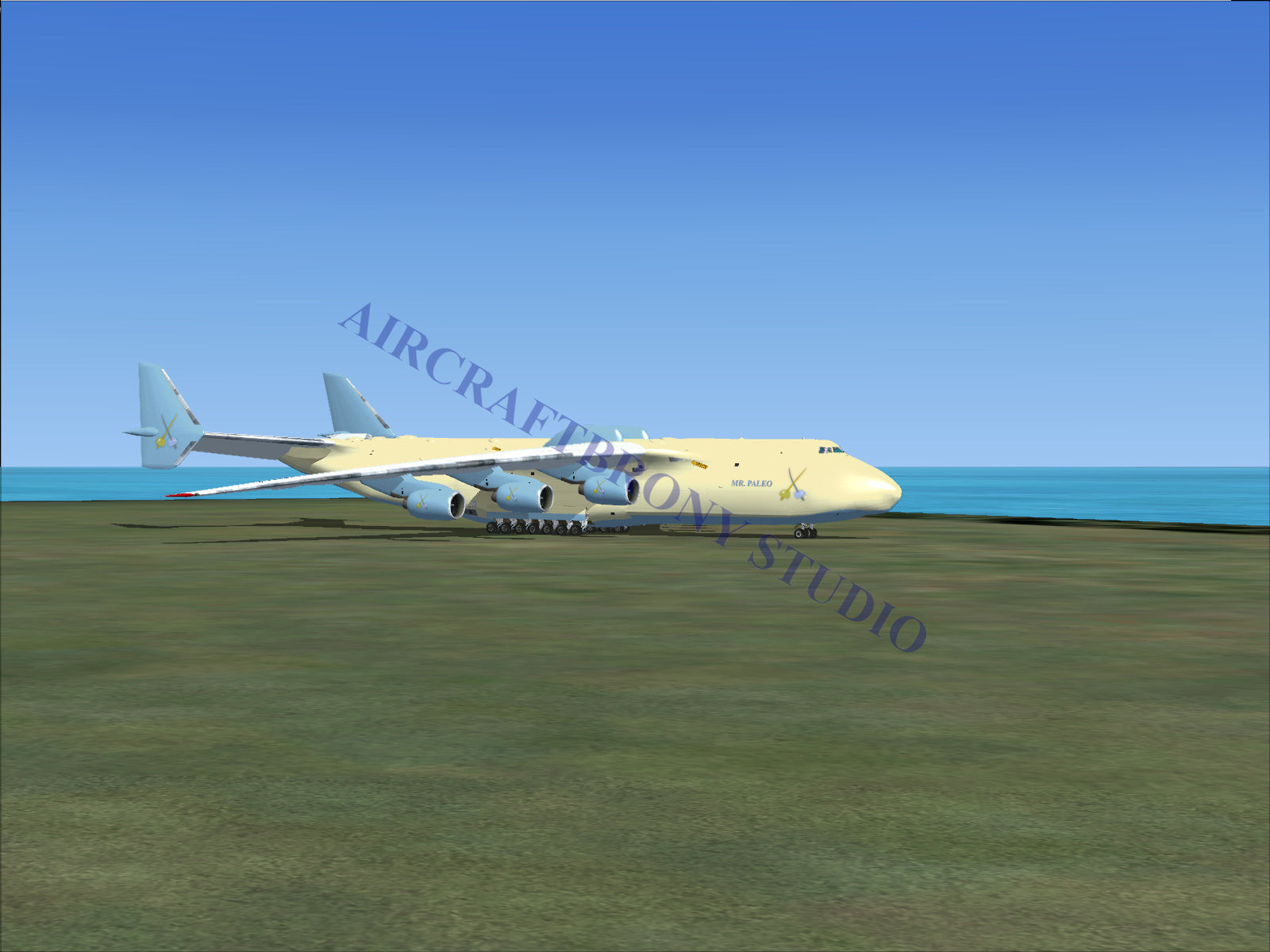 White antonov an-225 cargo plane with blue accents and gold logo on the tail.