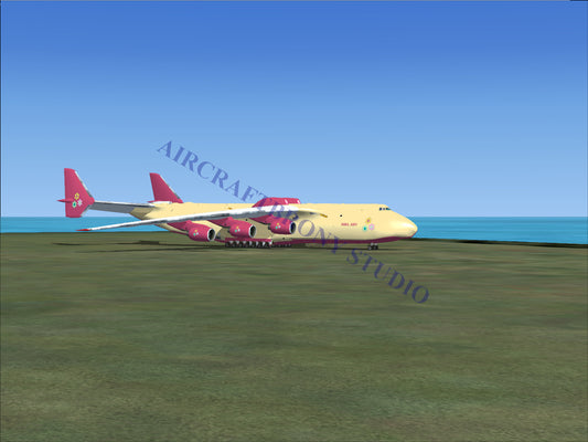 Yellow and red cargo plane with four engines, designed for heavy-lift transportation.