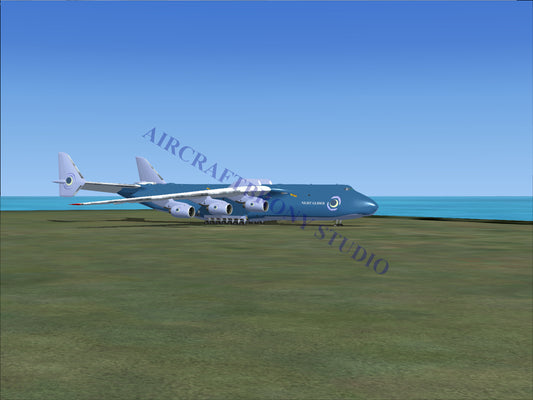 Blue cargo plane with white accents and logo design.