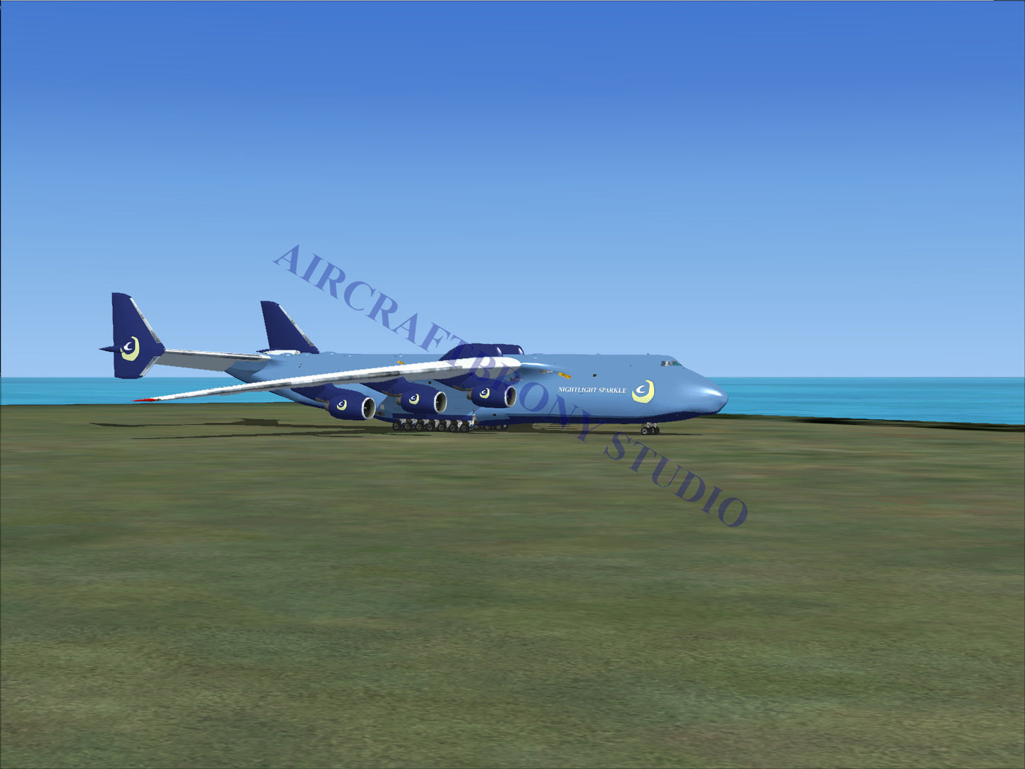 Blue cargo plane with six engines on each wing and a crescent moon logo on its tail and nose.
