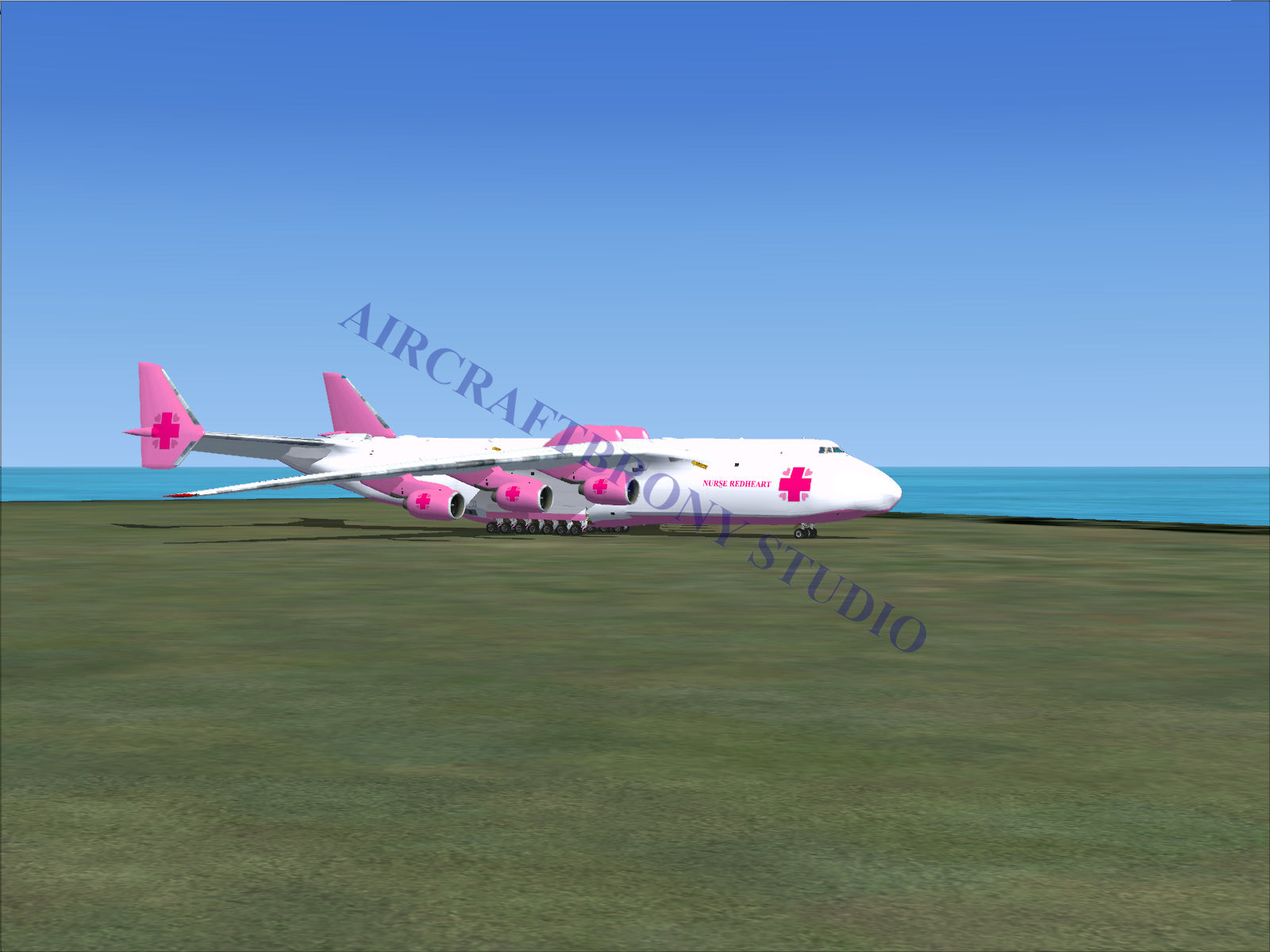 White and pink six-engine cargo plane with medical cross emblems