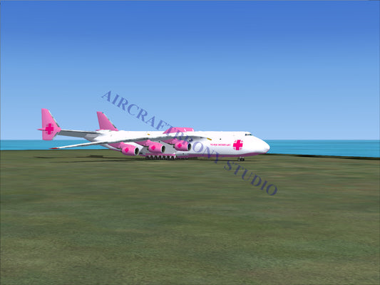 White and pink six-engine cargo plane with medical cross emblems