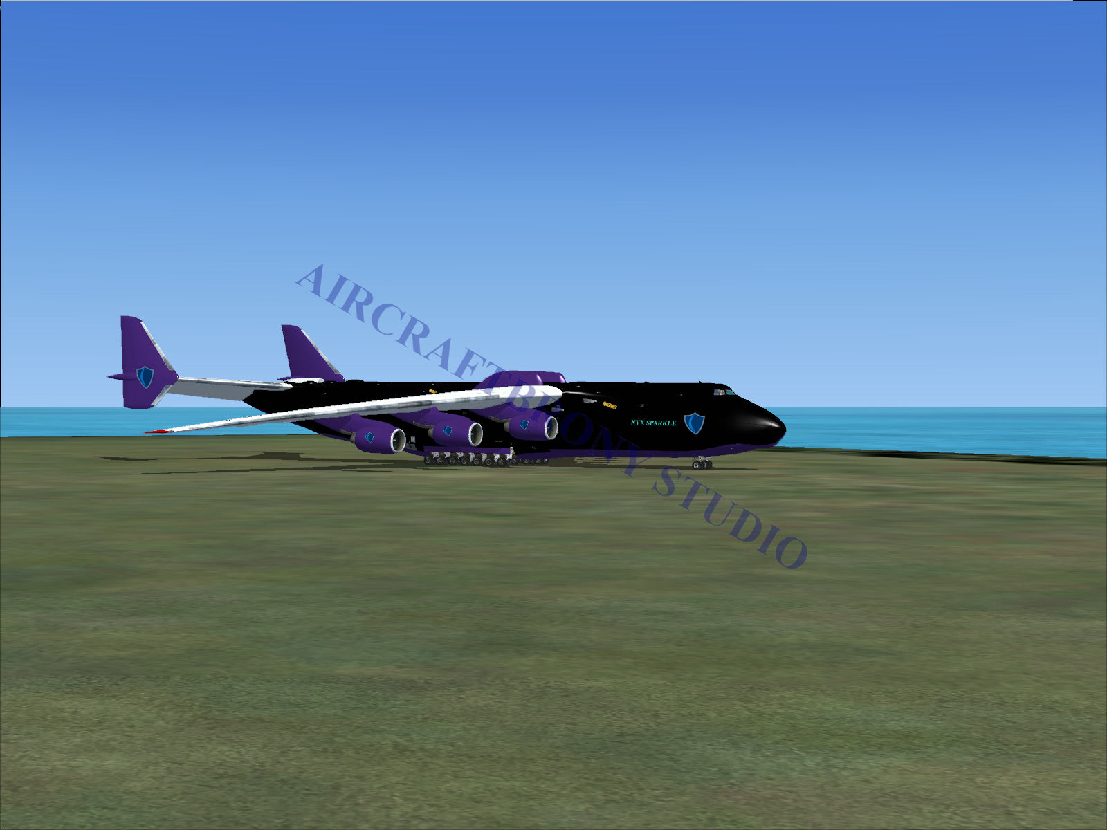 Black and purple cargo aircraft with multiple engines.