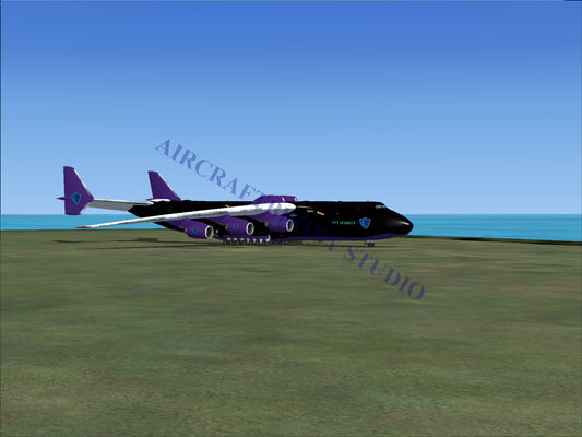 Black and purple cargo aircraft with multiple engines.