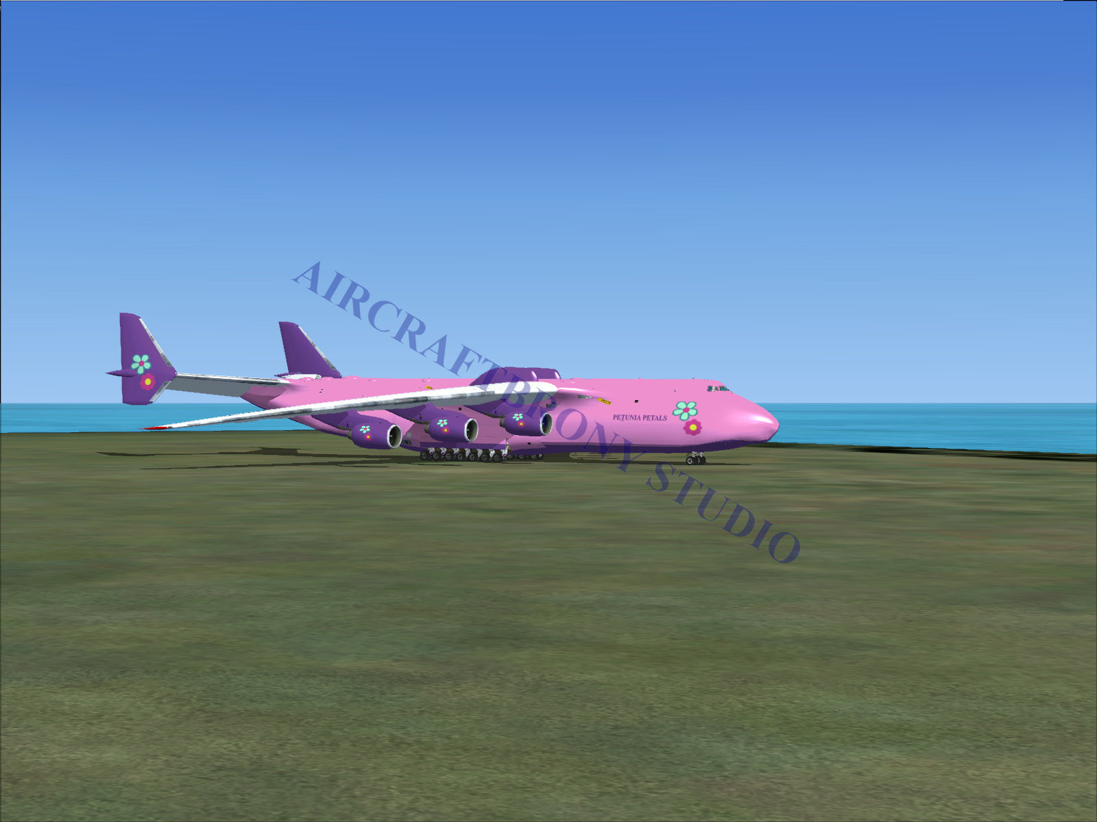 Pink and purple cargo plane with large engines, designed for heavy-lift operations.