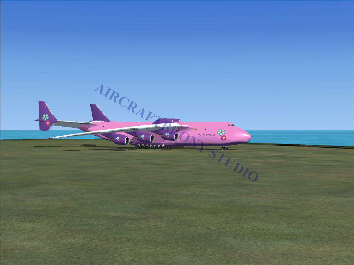 Pink and purple cargo plane with large engines, designed for heavy-lift operations.