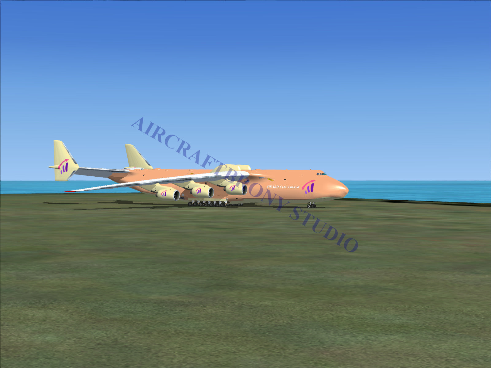 Peach-colored cargo plane with six engines and two tail fins.