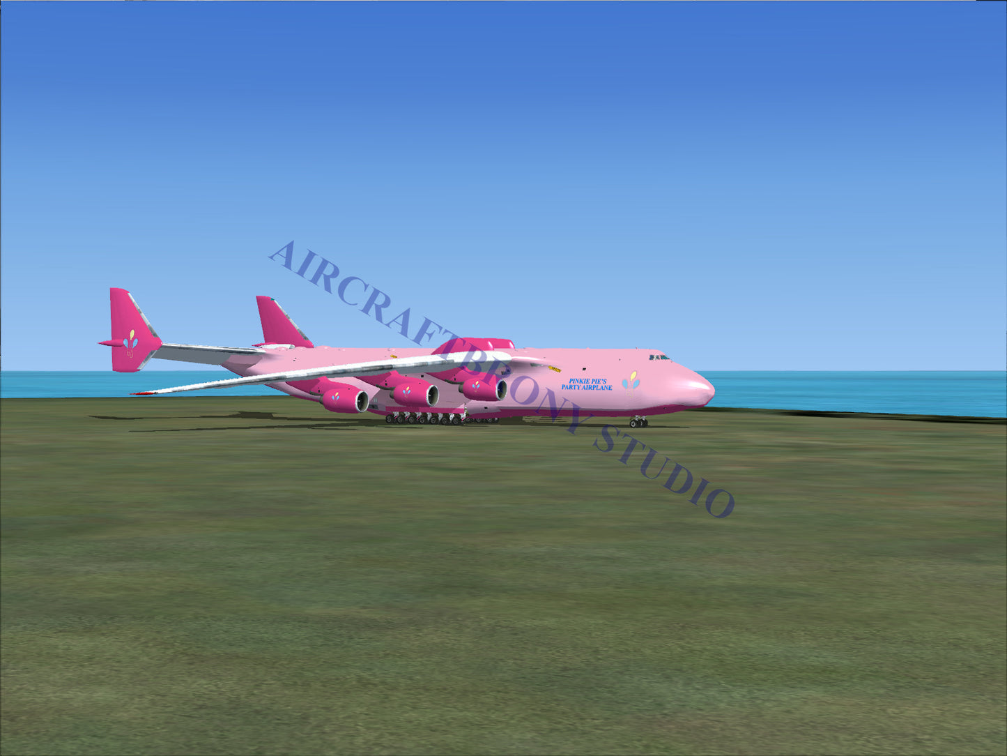 Pink cargo airplane with six engines