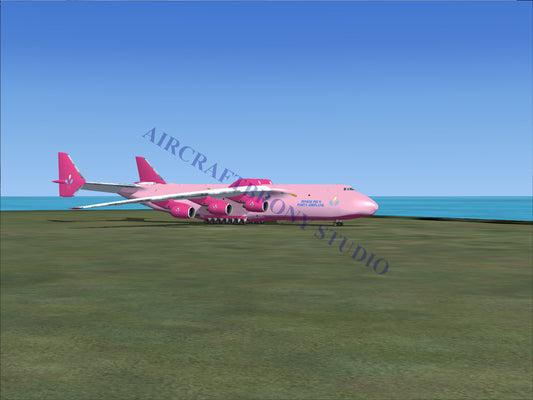 Pink cargo airplane with six engines