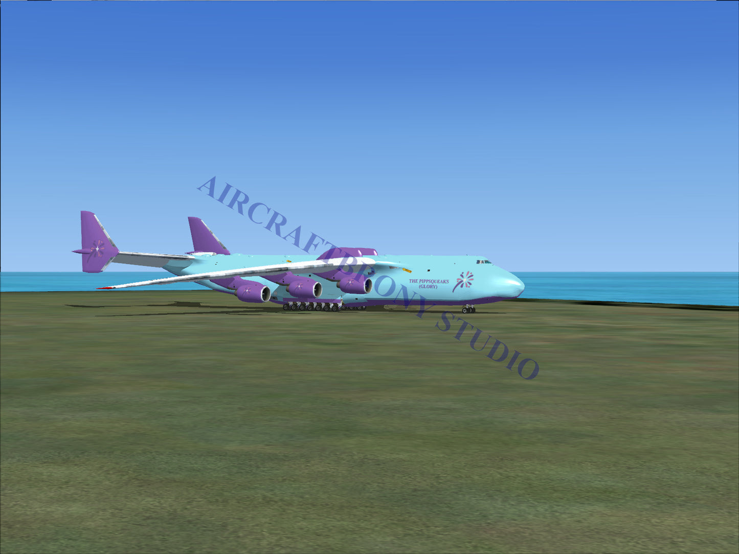 Boeing 747-8 intercontinental, turquoise and purple fuselage with pink tail.