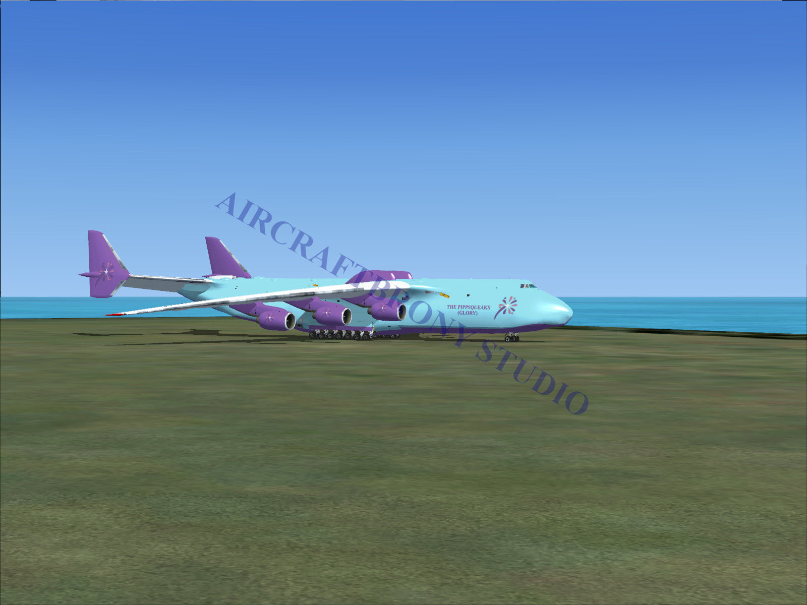 Boeing 747-8 intercontinental, turquoise and purple fuselage with pink tail.