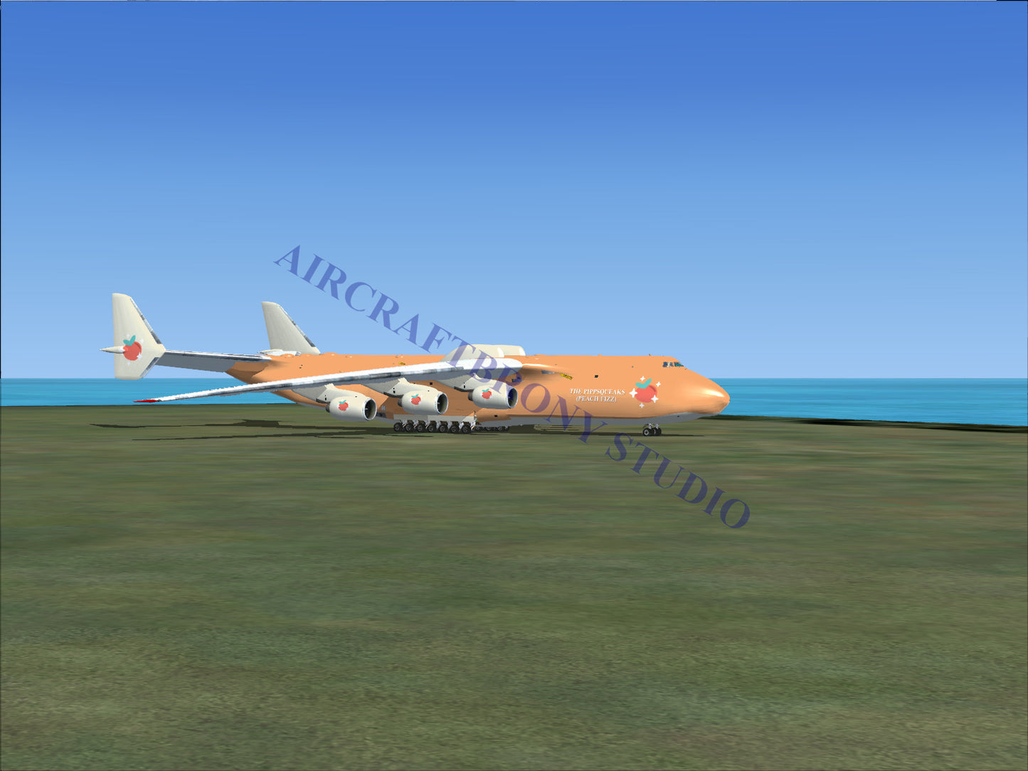 Orange antonov an-225 mriya cargo plane with four engines and a distinctive star logo.