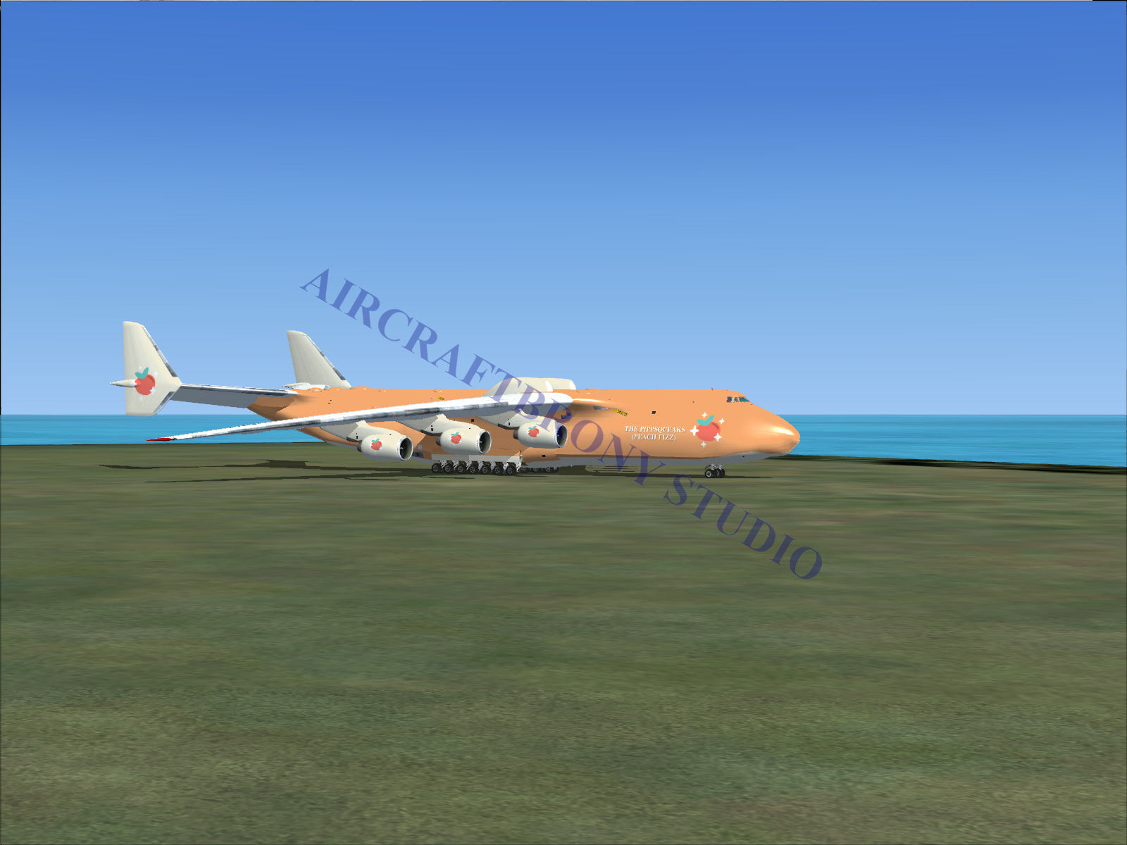 Orange antonov an-225 mriya cargo plane with four engines and a distinctive star logo.