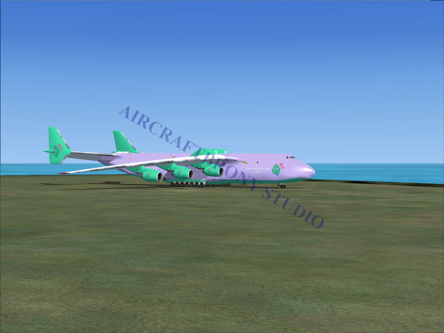 Purple and green cargo plane model with four engines.