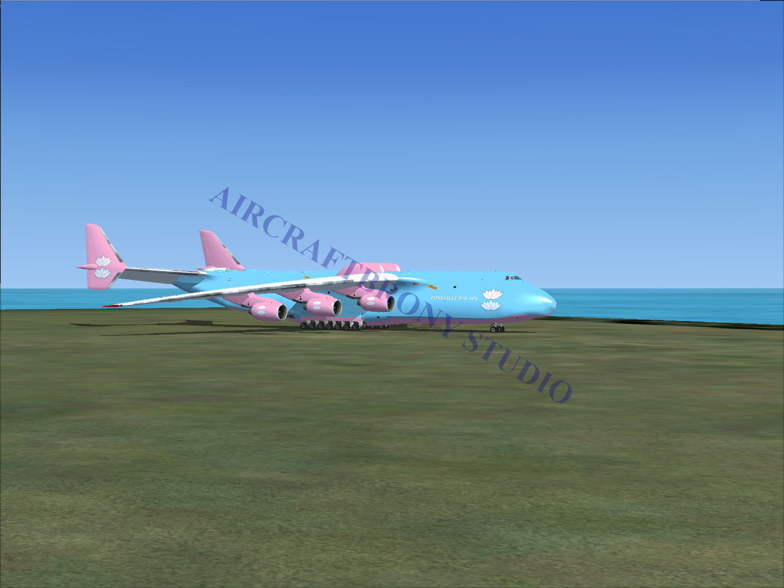 A light blue and pink six-engine cargo plane.