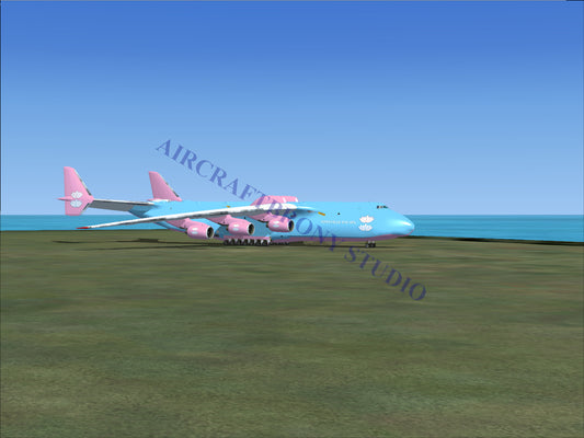 A light blue and pink six-engine cargo plane.