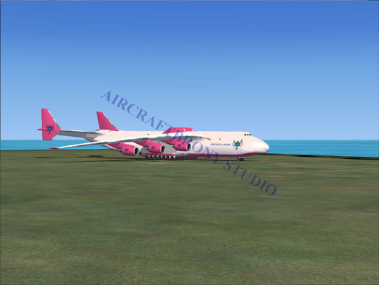 Pink and white cargo plane with red accents, designed for heavy-lift operations.