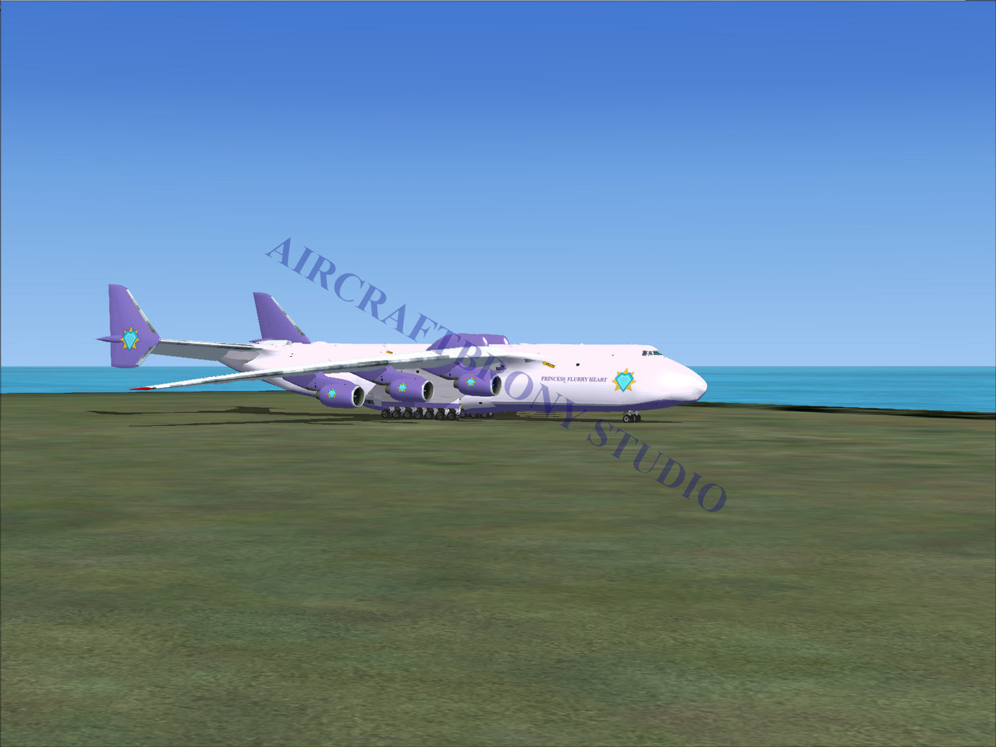 White and purple cargo aircraft with six engines