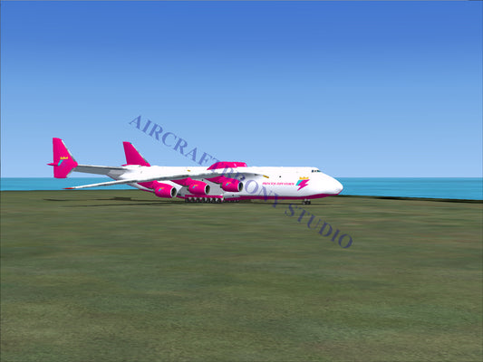 White cargo plane with pink engines and tail fins