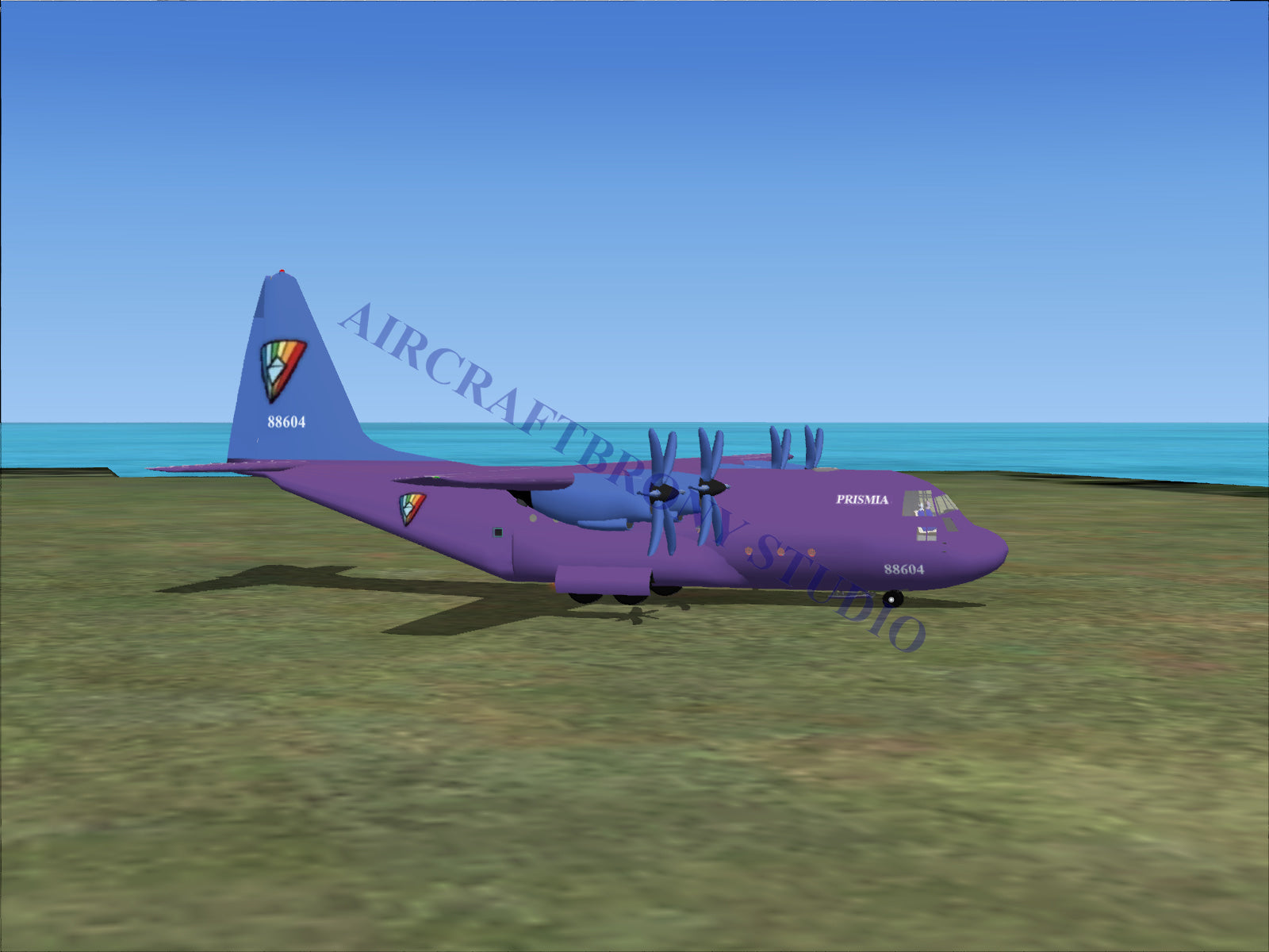 Purple and white cargo plane with propellers, designed for military or commercial use.