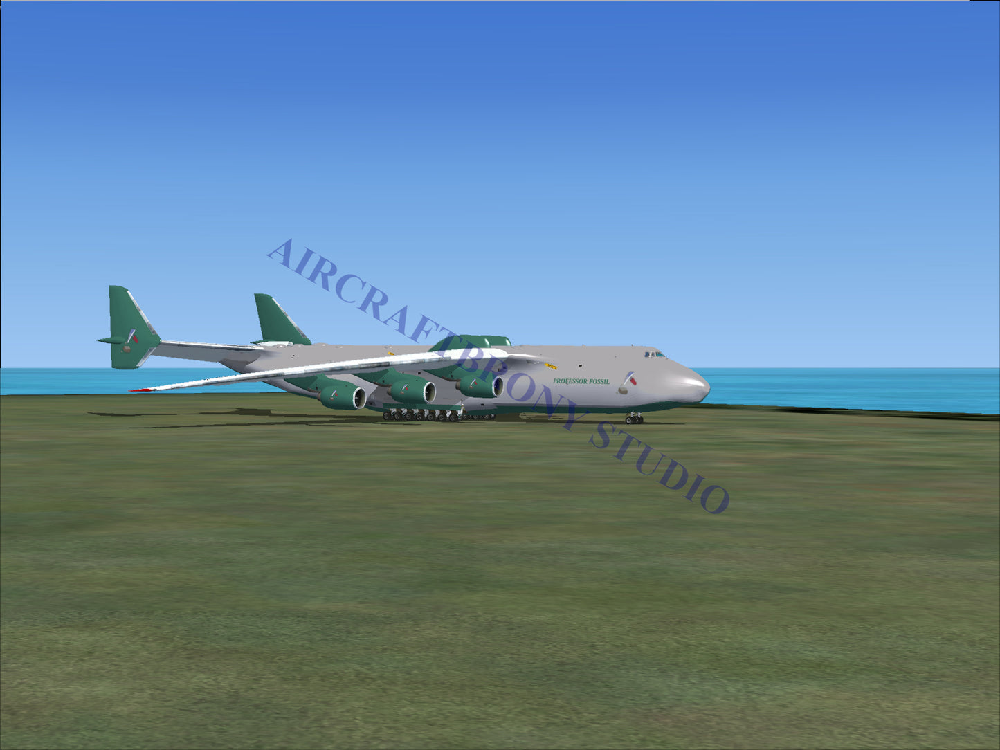 Boeing 747 cargo plane with green tail and white body.