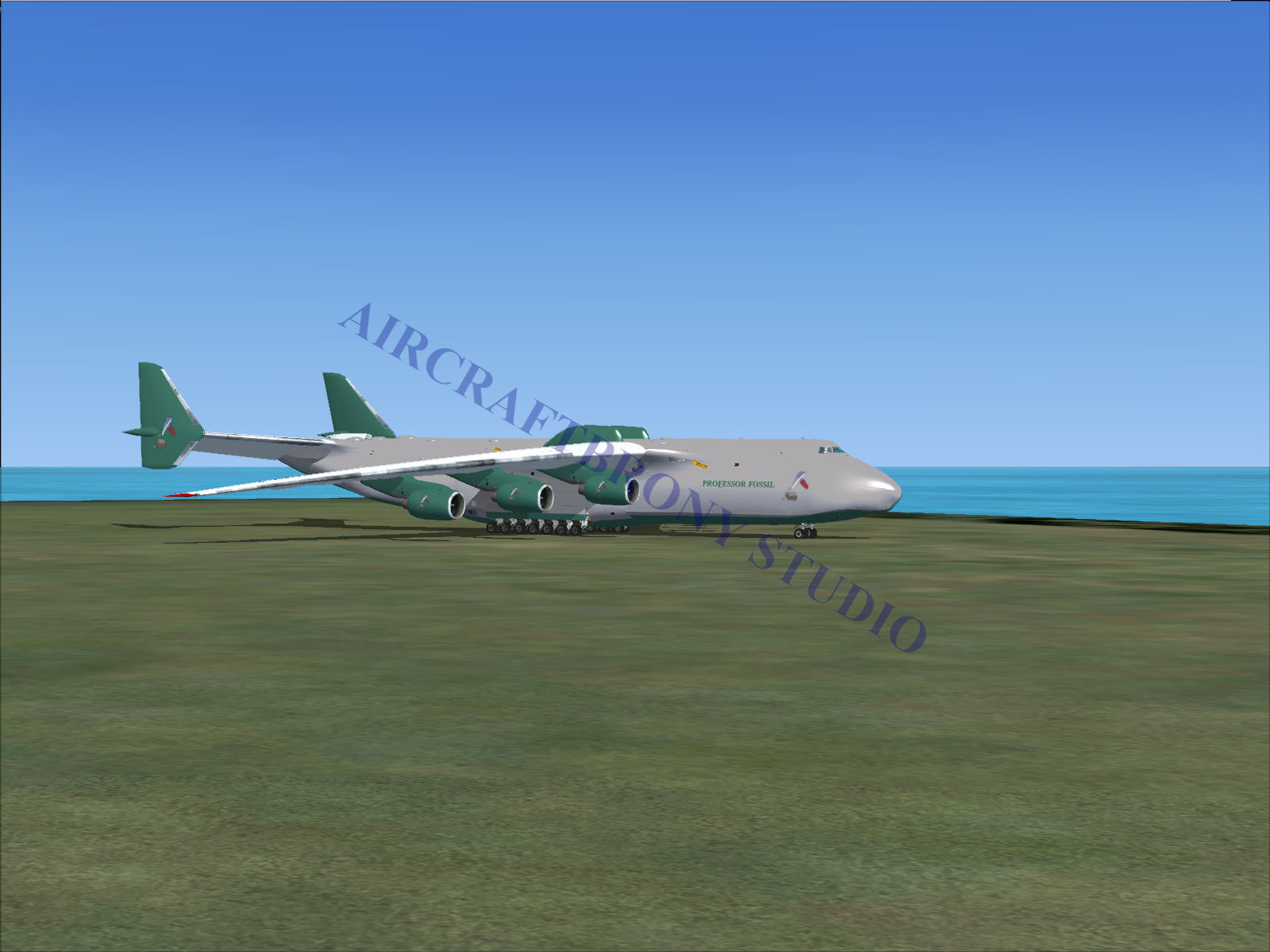 Boeing 747 cargo plane with green tail and white body.