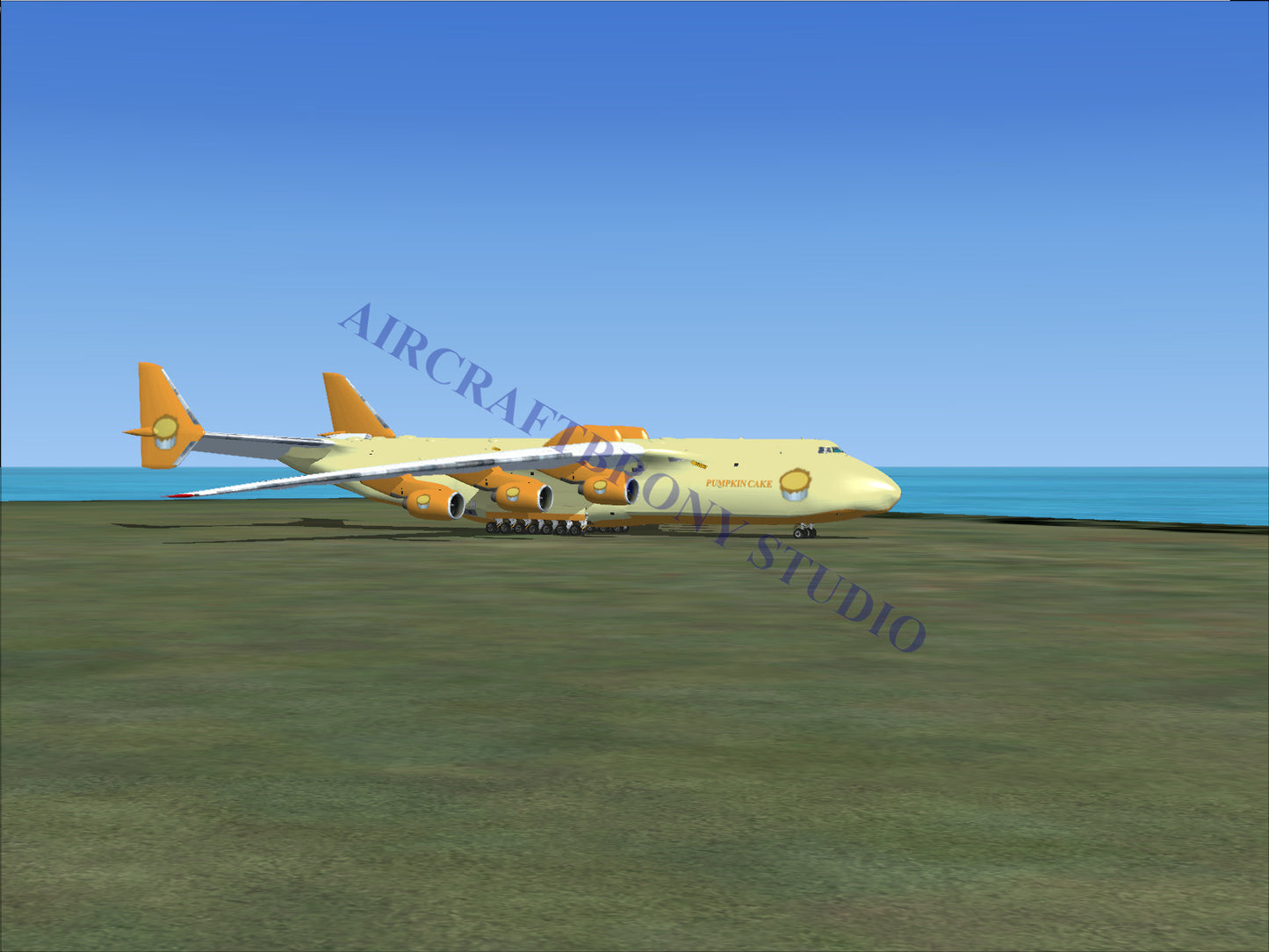 Gold and white cargo plane with four engines, designed for heavy-lift transport.