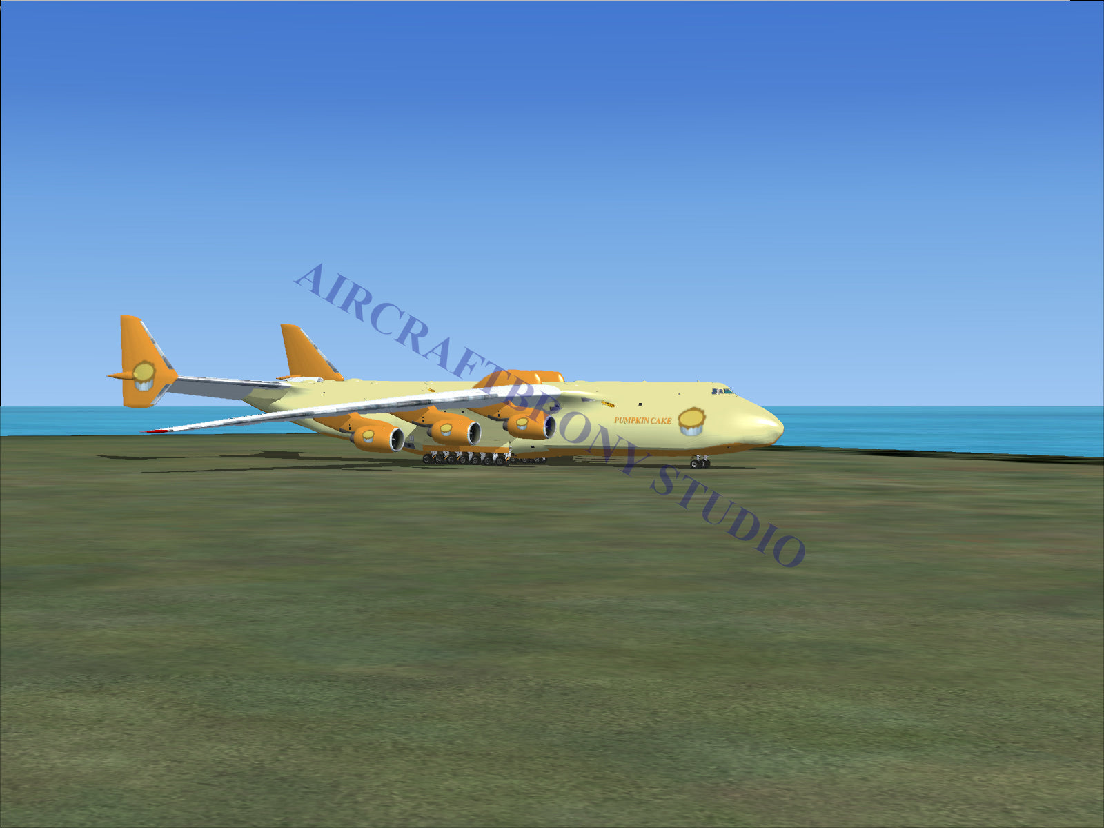 Gold and white cargo plane with four engines, designed for heavy-lift transport.