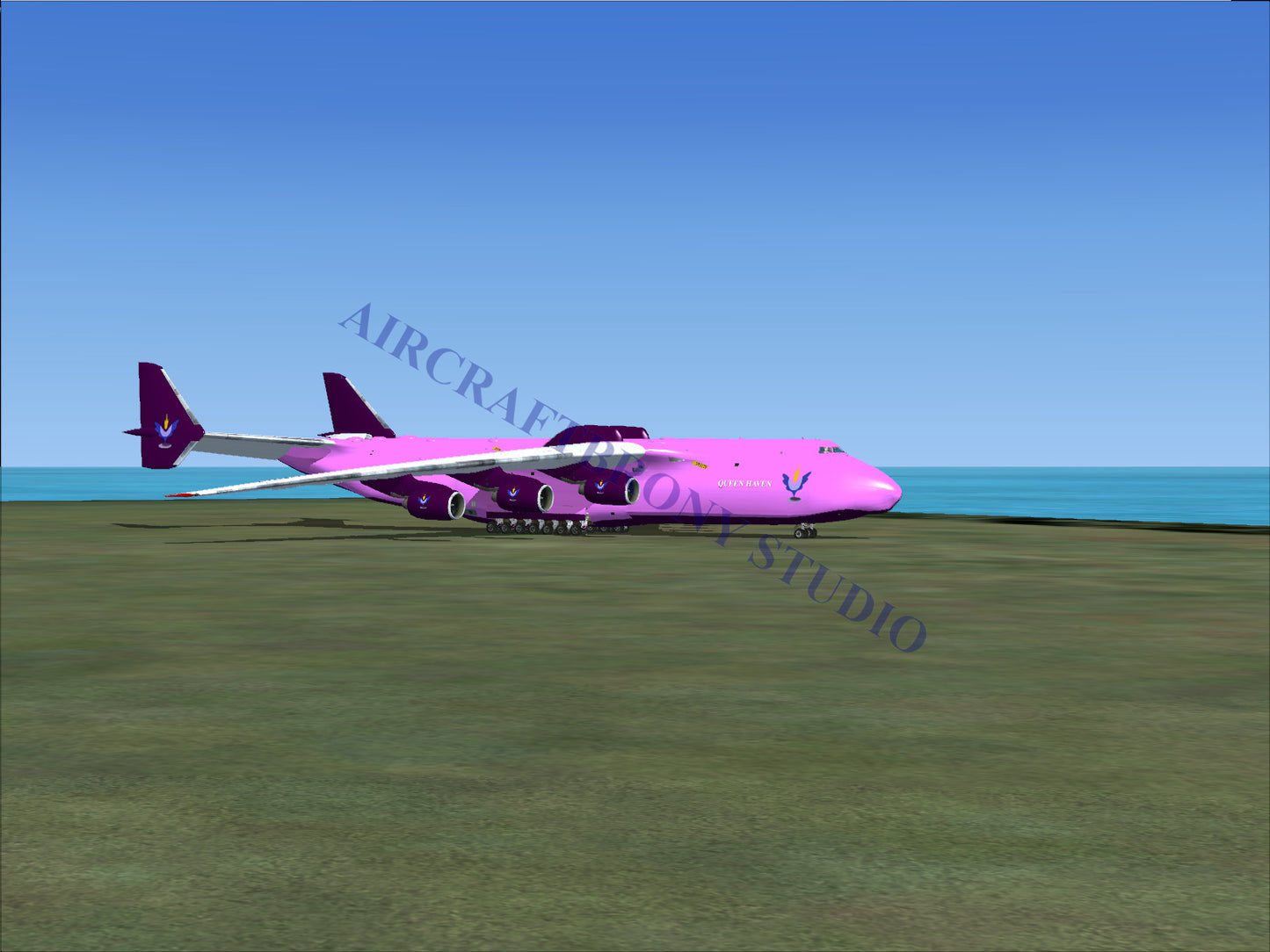 Pink cargo aircraft with multiple engines.