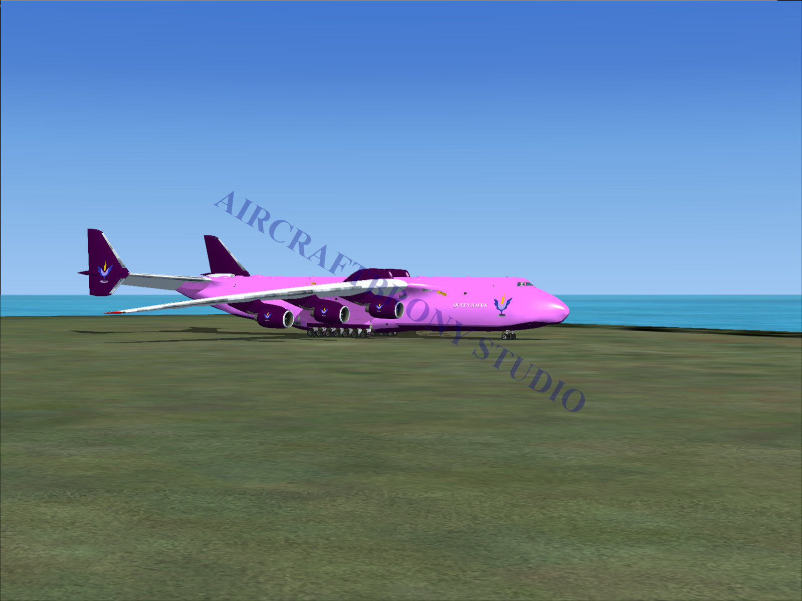 Pink cargo aircraft with multiple engines.