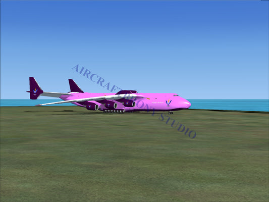 Pink cargo aircraft with multiple engines.