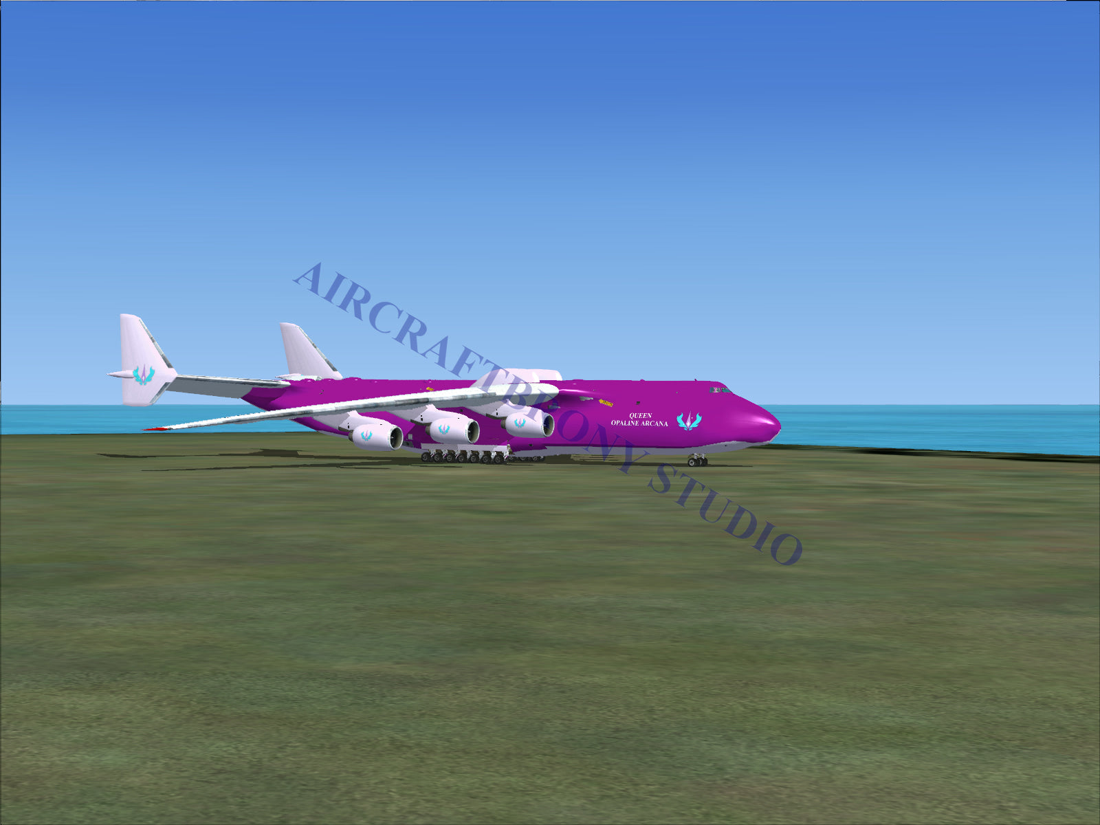 A magenta cargo plane with white wings and six engines.