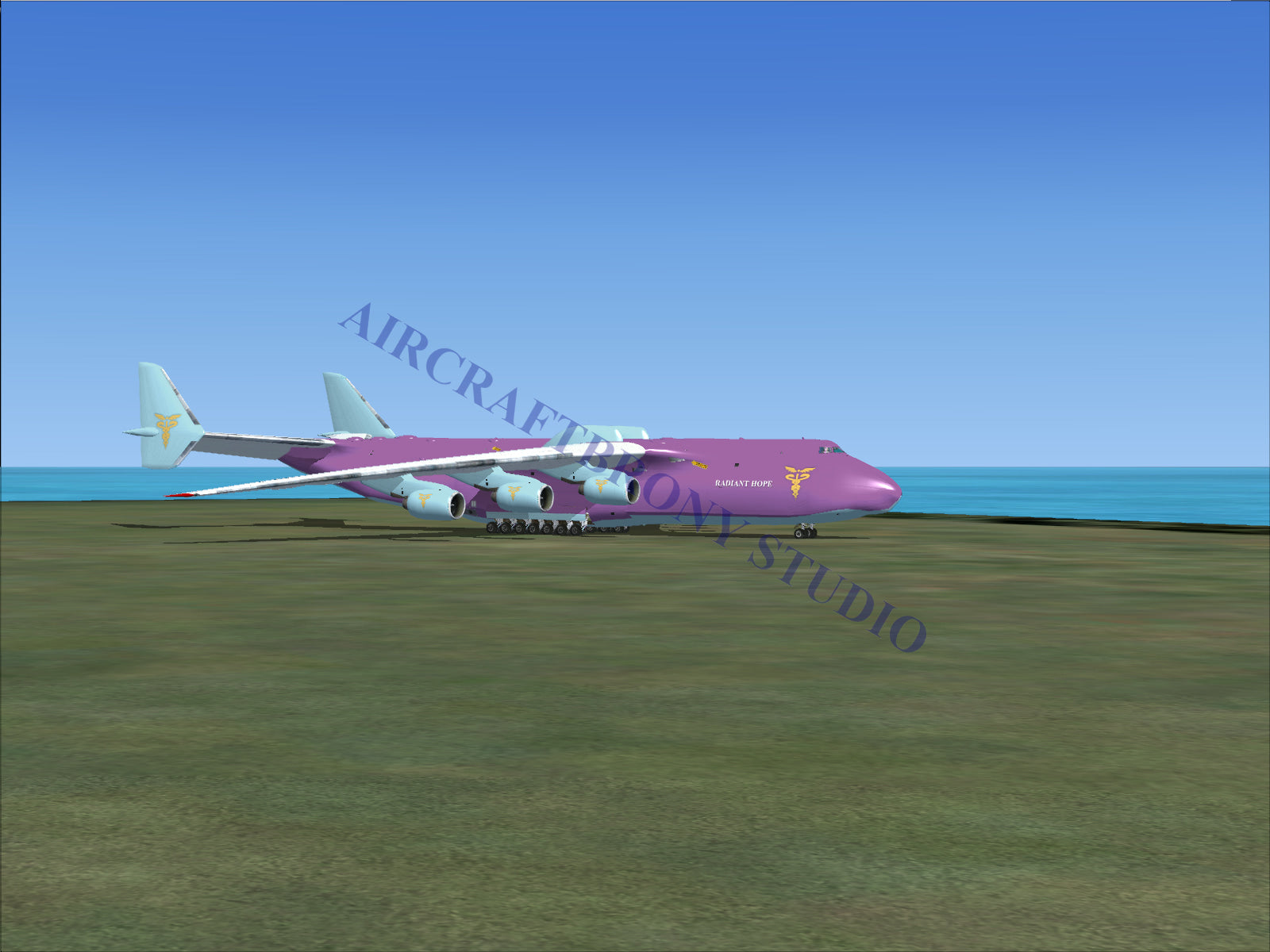 A six-engine cargo aircraft with a purple fuselage and light blue wings.