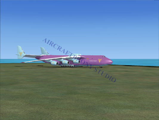 A six-engine cargo aircraft with a purple fuselage and light blue wings.