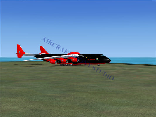 Black and red cargo aircraft with six engines.