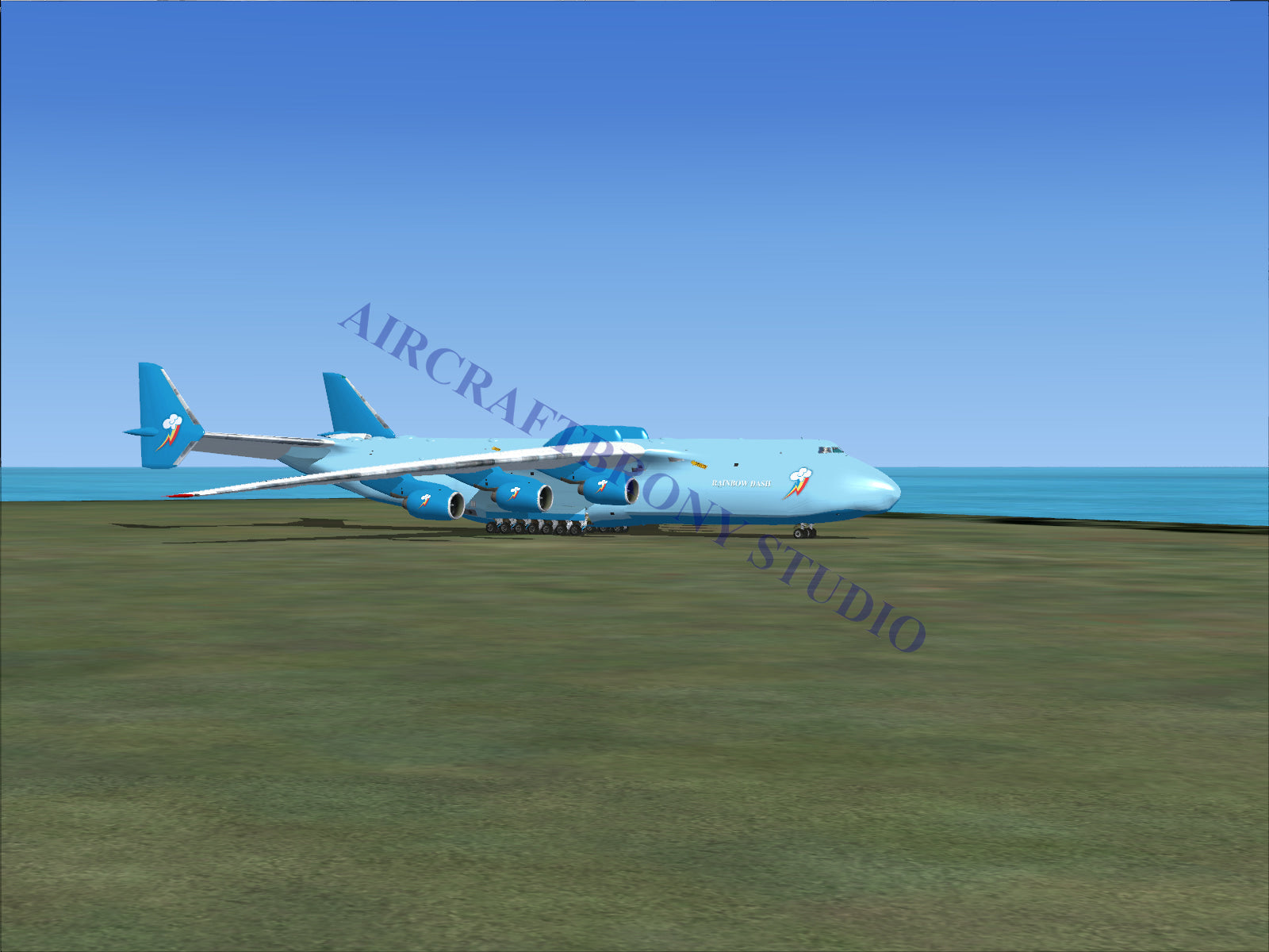 Light blue cargo plane with six engines and two tailfins.