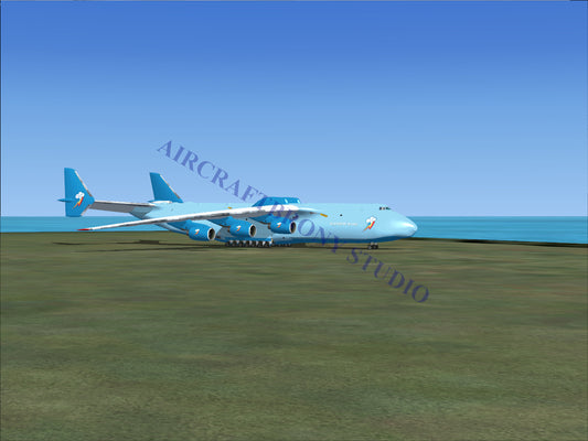 Light blue cargo plane with six engines and two tailfins.