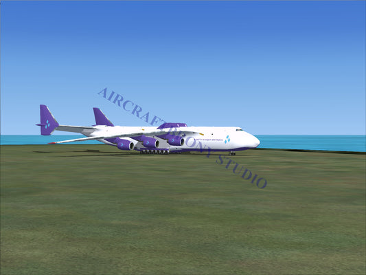White and purple cargo aircraft with six engines.