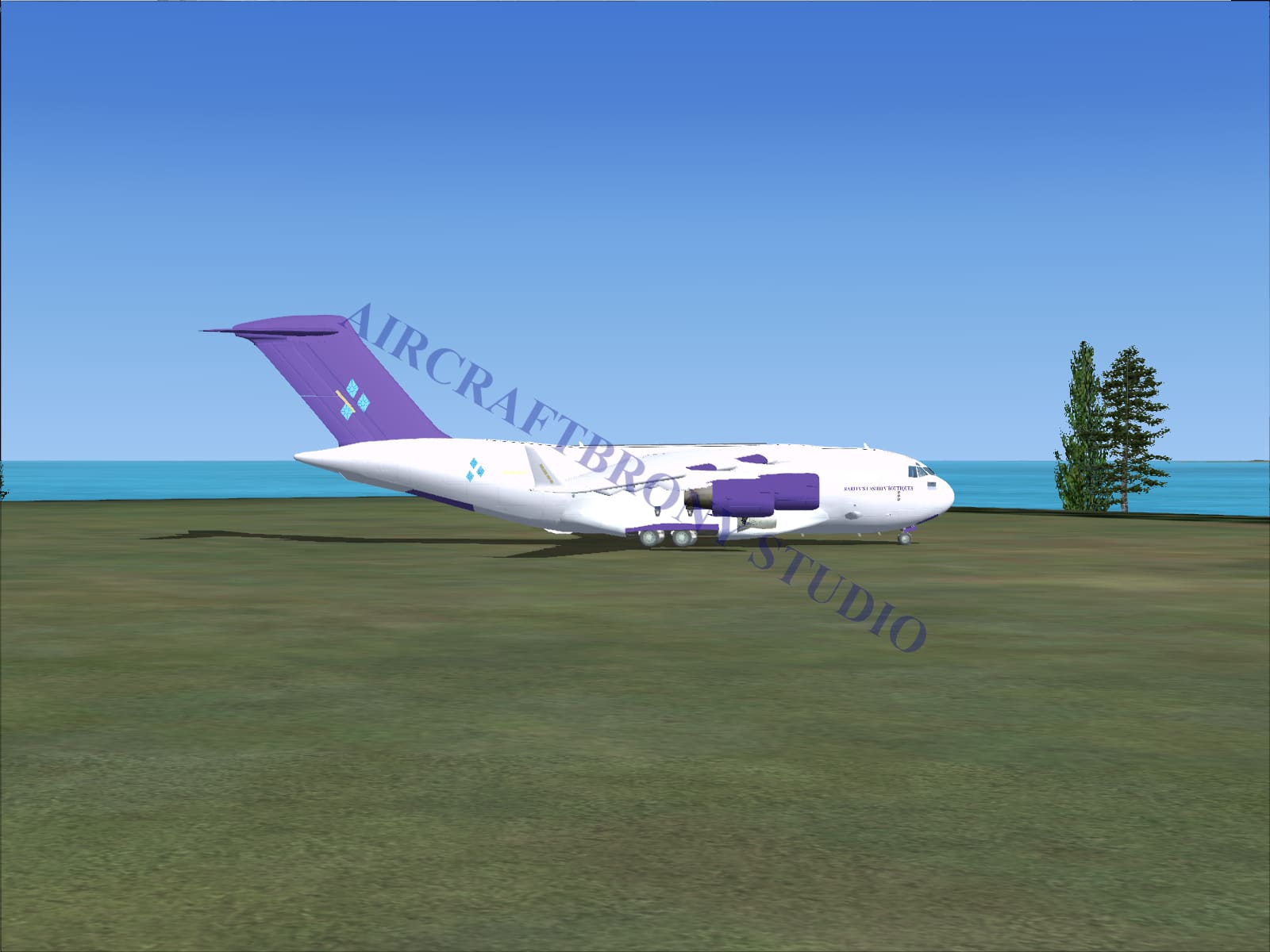White and purple cargo airplane with distinctive tail fin design from raritys fashion boutiques boeing c-17 digital image