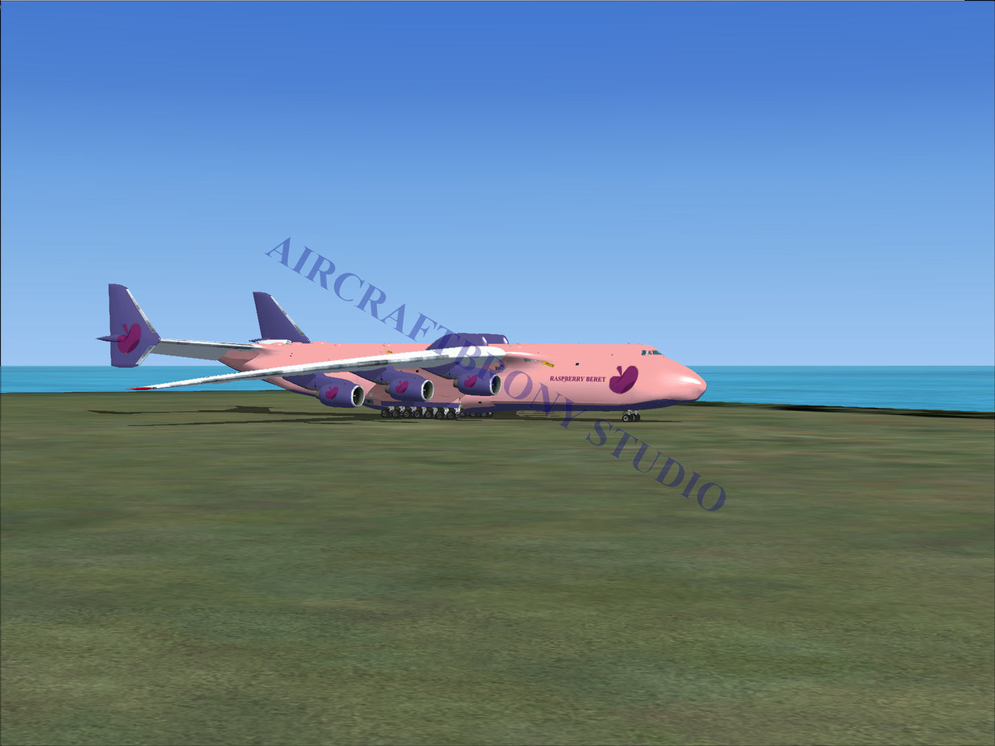 Pink and purple cargo plane with heart logo design on tail.