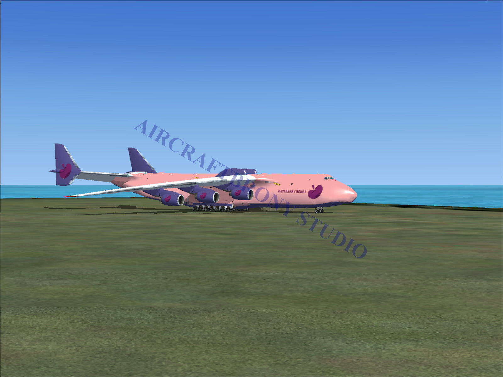 Pink and purple cargo plane with heart logo design on tail.