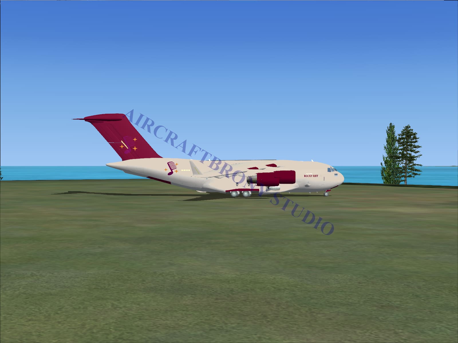 A white and maroon rocky riff boeing cargo aircraft with red tail and gold stars marked boeing 747 on fuselage