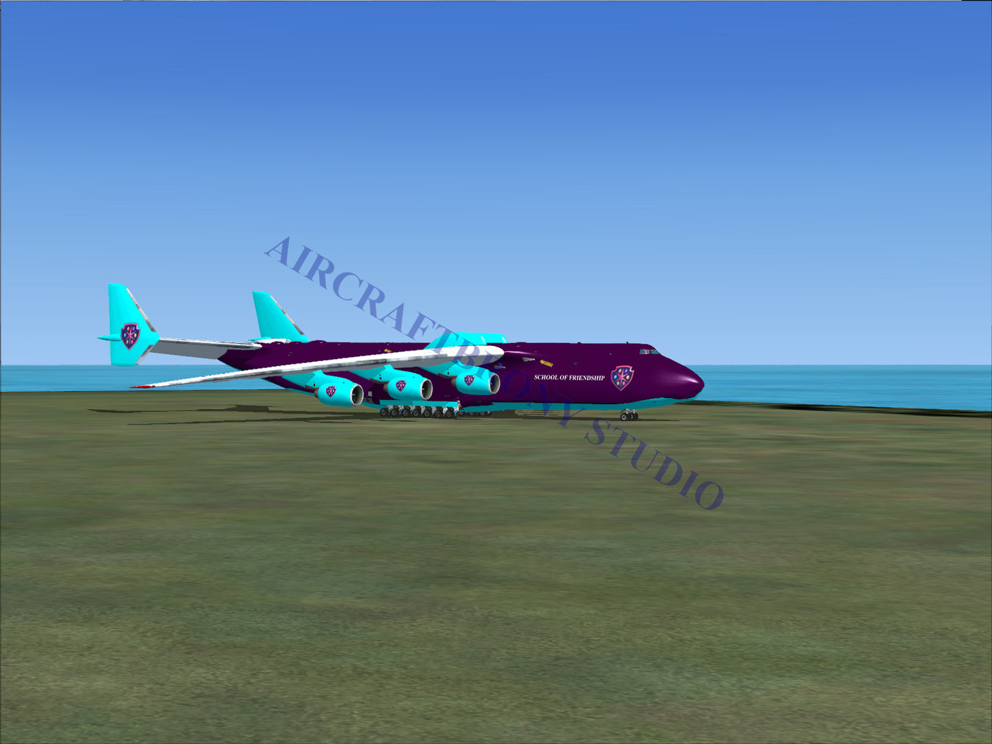 Purple and teal cargo plane with six engines.