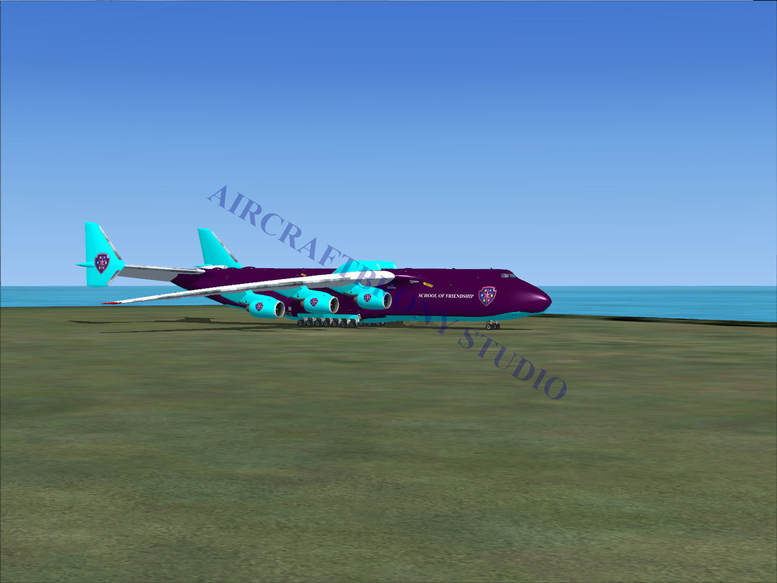 Purple and teal cargo plane with six engines.