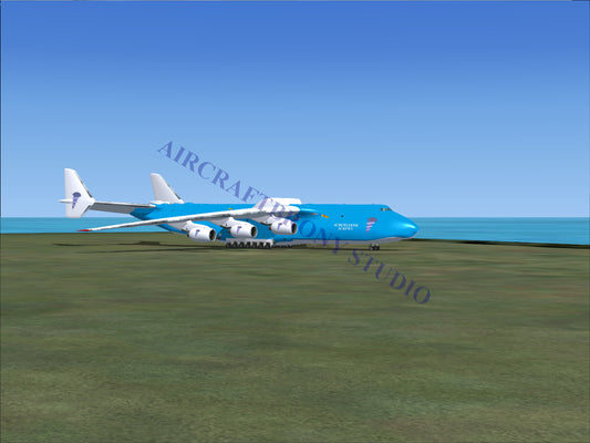 Blue and white cargo plane with four engines, designed for heavy-lift transport.