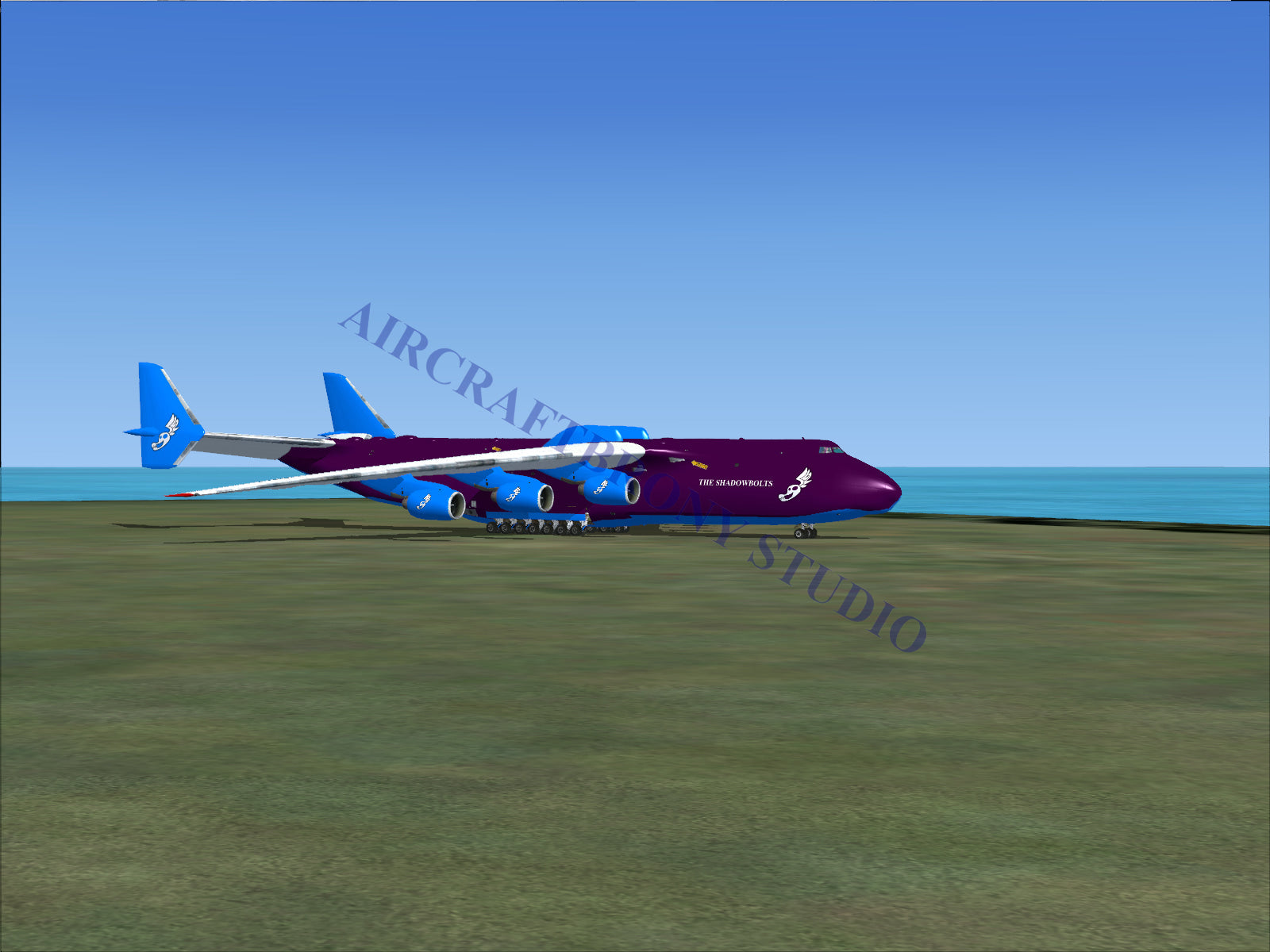 Purple and blue six-engine cargo aircraft.